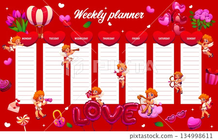 Weekly planner schedule with love hearts, cherub cupids and gifts, vector week plan template. Cartoon funny angels on clouds with Valentine hearts on weekly schedule planner or to do list organizer Weekly planner schedule with love hearts, cherub cupids and gifts, vector week plan template. Cartoon funny angels on clouds with Valentine hearts on weekly schedule planner or to do list organizer 134998611