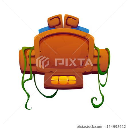 Aztec Inca Maya Mexican game vector frame board with carved stone columns and ornaments, blue accent stones and twisting jungle plants. Cartoon brown stone game ui board with cracks 134998612