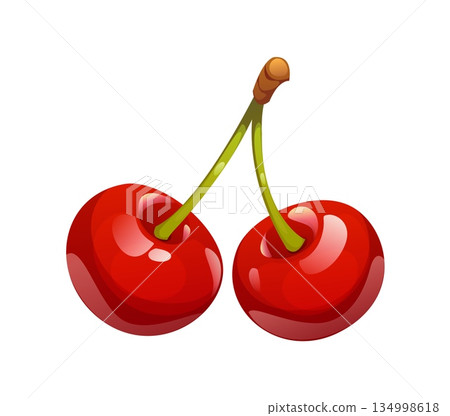 Cartoon ripe cherry berry, isolated vector raw cherries pair attached to stem, glisten, showcasing their deep red glossy skin. Fresh natural summer dessert with sweet flavor and natural freshness 134998618