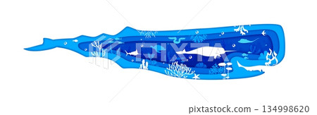 Paper cut whale silhouette with sea underwater landscape and fishes, vector banner. Ocean undersea or sea underwater with coral reef manta stingray, narwhal or eel and swordfish in paper cut seaweeds 134998620