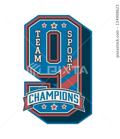 Varsity sport patch with number 9 for university players league or college team, vector badge. Varsity sport patch of number 9 Nine for champions team of basketball, rugby football or baseball club 134998623