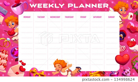 Weekly planner with cute Valentine cherubs, hearts and flowers, vector week schedule template. Weekly planner with cupid angels, wedding rings and cake with pink hearts for week schedule planner 134998624