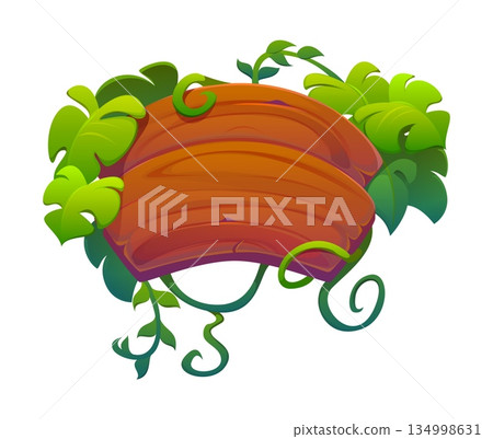 Jungle forest adventure wooden sign in liana vines frame, vector cartoon signboard. Tropical jungle plants with wooden sign board plate with rainforest tendrils of liana leaves for adventure game 134998631