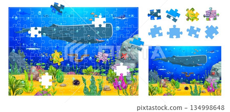 Jigsaw puzzle game pieces of underwater landscape background with sea animals and seaweeds, vector worksheet. Kids jigsaw puzzle game with cartoon undersea funny whale cachalot and fish characters 134998648
