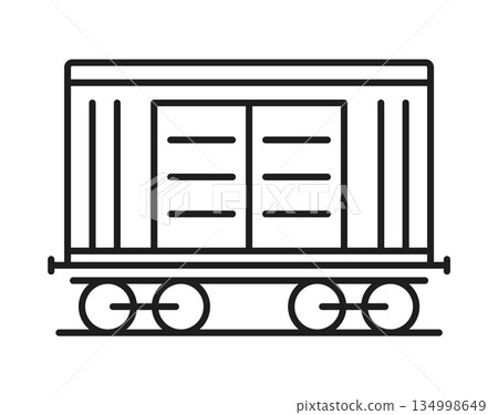 Railroad and railway train icon of freight car or cargo railcar, vector line symbol. Railroad shipping container wagon or railway freight boxcar and goods hopper carriage for logistics transport 134998649