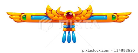 Ancient ornament, Egyptian divider vector border frame. Golden symbol with wide spread wings and scarab jewel glows in tones of amber, blue and emerald. Egyptian mythology or fantasy game decoration 134998650