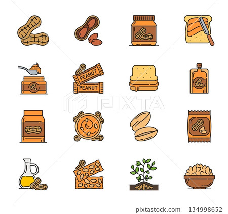 Peanut food and butter line icons of groundnut arachis products, vector pictograms. Peanut food and snacks color line icons of nut oil and butter spread on sandwich, roasted and peeled groundnuts 134998652