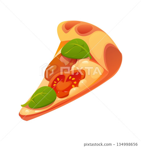 Cartoon pizza slice of fast food or pizzeria takeaway snack, vector icon. Italian cuisine fast food cartoon pizza slice with basil, tomato, salami pepperoni and cheese for pizzeria meals delivery menu Cartoon pizza slice of fast food or pizzeria takeaway snack, vector icon. Italian cuisine fast food cartoon pizza slice with basil, tomato, salami pepperoni and cheese for pizzeria meals delivery menu 134998656