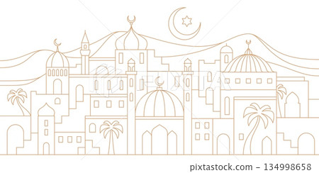 Arabian city landscape. Ramadan holiday silhouette with muslim mosques, oriental houses and minarets, palm trees and desert hills under crescent moon. Eid Mubarak celebration 134998658