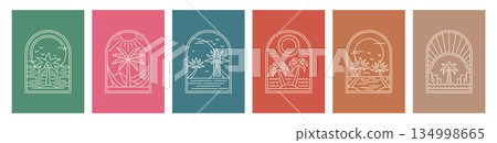 Boho palm tree arc icons, bohemian tropical plants. Abstract arch frames with palms, ocean waves, sunsets and natural landscapes, mountains and island. Vector outline emblems for hotels and vacations Boho palm tree arc icons, bohemian tropical plants. Abstract arch frames with palms, ocean waves, sunsets and natural landscapes, mountains and island. Vector outline emblems for hotels and vacations 134998665