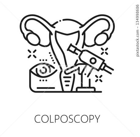Colposcopy gynecology, fertility and medical line icon or label. Urinary medicine outline pictogram, pregnancy health and fertility thin line vector icon. Gynecology procedure healthcare sign with 134998686