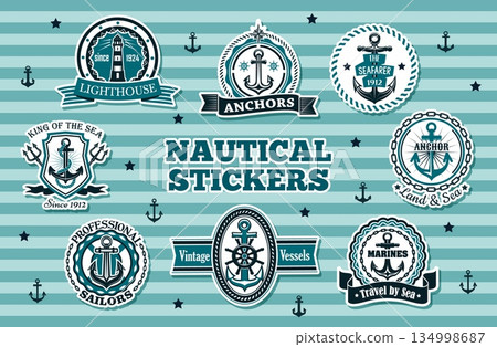 Nautical and marine navy vector stickers with ship anchors, steering wheels, lighthouses, sailor crests, decorative rope frames and ribbons, lighthouse with waves, crossed tridents and chains 134998687