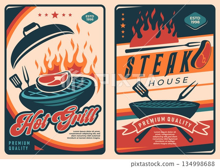 Retro bbq meat vector posters. Grill barbeque party invite of steak on charcoal grill with marbling placed on a round grill above fire flames, crossed spatula and fork. Vintage menu for restaurant 134998688