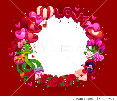 Valentine day holiday frame with snake, love hearts and balloons, vector poster. Funny cartoon snake with hearts in eyes, love message envelope, flowers and wedding ring for Valentine day photo frame Valentine day holiday frame with snake, love hearts and balloons, vector poster. Funny cartoon snake with hearts in eyes, love message envelope, flowers and wedding ring for Valentine day photo frame 134998695