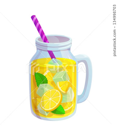 Lemonade and lemon fruit juice or citrus drink in glass jar, cartoon vector. Natural fresh lemon juice with ice cubes and mint leaves in glass cup with drinking straw for citrus soda or lemon ice tea Lemonade and lemon fruit juice or citrus drink in glass jar, cartoon vector. Natural fresh lemon juice with ice cubes and mint leaves in glass cup with drinking straw for citrus soda or lemon ice tea 134998703