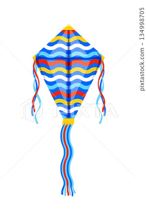 Festival paper kite with wavy line pattern for kid entertainment toy, vector icon. Summer festival of kites, cartoon flying paper kite in fish shape with string banners for Makar Sankranti holiday 134998705