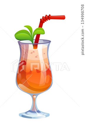Cartoon tropical cocktail drink in a tulip glass with a red bendy straw, ice texture and green mint garnish. Red fruit lemonade cocktail for beach party and girl birthday 134998708