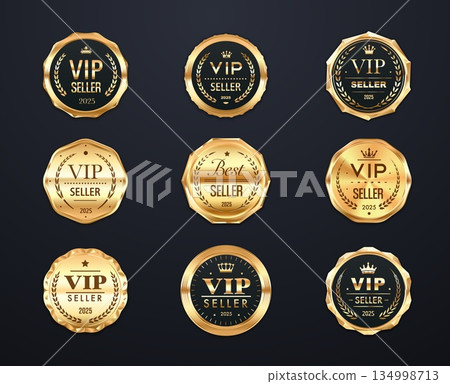 Best and vip seller golden vector seal labels, guarantee stamps with laurel wreath, royal crown, stars and embossed frames. Premium seller branding, business certificate, product award labels 134998713