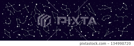 Border of star constellation for mystic astrology with night sky map, vector background. Zodiac signs in star constellations border with starry sky for mystic astrology, esoteric magic and horoscope 134998720