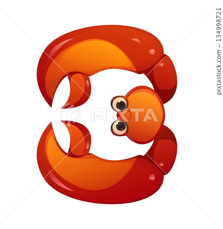 Pirates cartoon font or Caribbean corsairs typeface, vector number 3 Three. Funny crab character or underwater mollusk for pirate seafaring font or corsair sailing adventure typeface typography 134998721