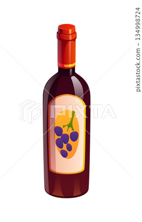 Cartoon grape wine alcohol beverage in dark bottle. Vector red wine bottle with front label and red cap. Vector beverage features dark red wine in glass bottle with cork cap for menu and invitations Cartoon grape wine alcohol beverage in dark bottle. Vector red wine bottle with front label and red cap. Vector beverage features dark red wine in glass bottle with cork cap for menu and invitations 134998724