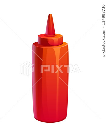 Cartoon red plastic squeeze ketchup sauce bottle with a pointed nozzle cap, isolated on white background. Vector spicy chili ketchup for bbq, fast food and American cuisine menu Cartoon red plastic squeeze ketchup sauce bottle with a pointed nozzle cap, isolated on white background. Vector spicy chili ketchup for bbq, fast food and American cuisine menu 134998730