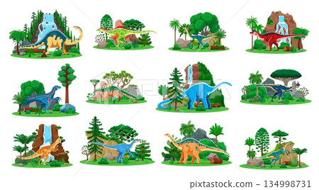 Prehistoric era dinosaur characters, dino lizards and Jurassic reptiles, cartoon vector. Funny dinosaurs and prehistoric animals in jungle forest for kids paleontology atlas or dino encyclopedia 134998731