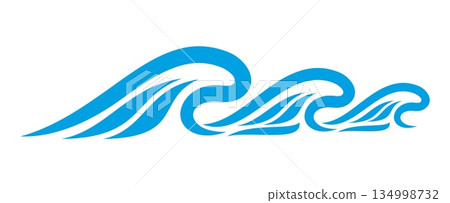 Wave blue icon of sea and ocean ripple water or tide surfs, vector marine wavy symbol. Cartoon blue line water wave ripples of sea tide, ocean surf flow of stormy waves for marine or nautical pattern 134998732