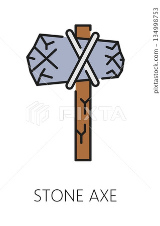 Museum and art gallery exhibition color line icon of stone axe, vector pictogram. Archeology museum or paleontology gallery exhibition outline icon of prehistoric work tool or ancient stone ax exhibit 134998753