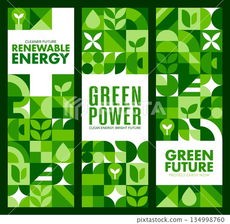 Renewable green energy banners with geometric nature pattern, vector backgrounds. Eco energy, sustainable technology and green power banners of geometric pattern for nature ecology protection Renewable green energy banners with geometric nature pattern, vector backgrounds. Eco energy, sustainable technology and green power banners of geometric pattern for nature ecology protection 134998760
