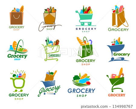 Grocery icons, food market, store, supermarket and shop signs. Vector shopping basket, cart and bag full of food products, fresh fruit, vegetables and bread isolated symbols set for grocery shop Grocery icons, food market, store, supermarket and shop signs. Vector shopping basket, cart and bag full of food products, fresh fruit, vegetables and bread isolated symbols set for grocery shop 134998767