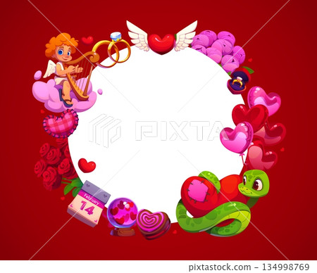 Valentine day greetings card frame. Romantic circular border surrounded by cupid playing harp, roses, hearts, balloons, wedding rings, chocolates, snake holding a heart and a February 14th calendar Valentine day greetings card frame. Romantic circular border surrounded by cupid playing harp, roses, hearts, balloons, wedding rings, chocolates, snake holding a heart and a February 14th calendar 134998769