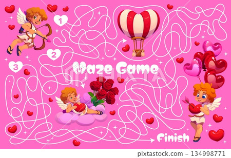 Labyrinth maze game with Valentine cherub cupids and hearts, vector cartoon worksheet for kids. Puzzle quiz game with labyrinth maze to help cupid angel to find way or road to cherub with hearts Labyrinth maze game with Valentine cherub cupids and hearts, vector cartoon worksheet for kids. Puzzle quiz game with labyrinth maze to help cupid angel to find way or road to cherub with hearts 134998771