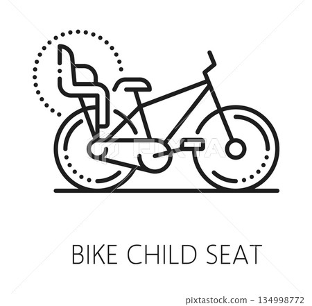 Urban cycling, bicycle child seat service line icon or label. Bike service thin line pictogram, urban cycling vector icon. Public transportation, bicycle shop sign with child seat on bike rack 134998772