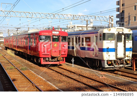 Nichinan Line trains Kiha 40 and 713 series Sunshine Miyazaki parked at Minami Miyazaki Station 134998895