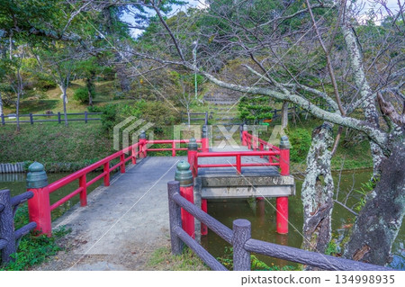 A vivid red bridge in a Japanese garden A vivid red bridge in a Japanese garden 134998935