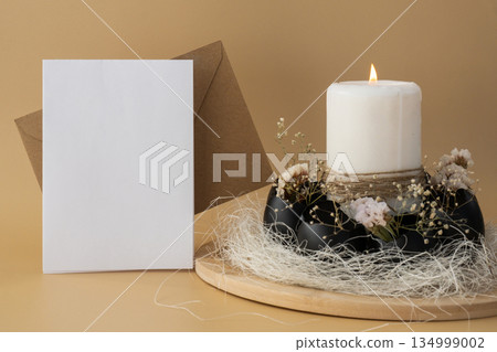 Envelope mockup template Self made egg shell with candle handmade decoration for Easter holiday. Copy space greeting card present gift ideas. Creative reuse zero waste sustainable living eco-friendly Envelope mockup template Self made egg shell with candle handmade decoration for Easter holiday. Copy space greeting card present gift ideas. Creative reuse zero waste sustainable living eco-friendly 134999002