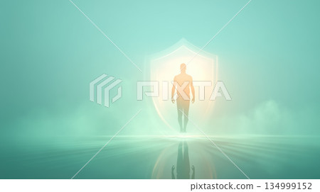 Human silhouette with glowing shield, serene atmosphere 134999152