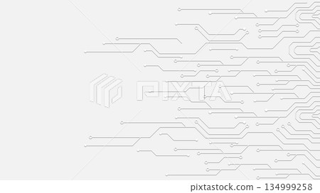 Abstract white technology background with embossed circuit board lines and geometric microchips 134999258