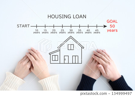 一對年輕夫婦正在考慮50年期抵押貸款。 134999497