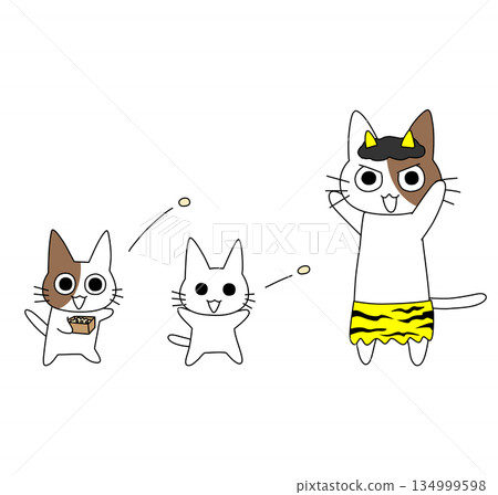 節分插畫，描繪了一隻憤怒的貓扮演著扔豆子的惡魔，以及一隻快樂的小貓。 134999598