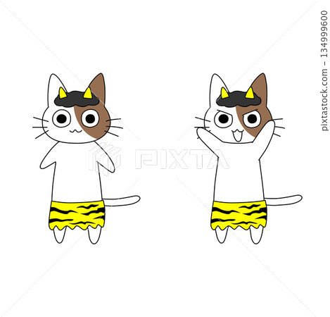 一幅可愛的插畫，一隻棕白相間的貓咪裝扮成節分節的惡魔，表情各異。 134999600