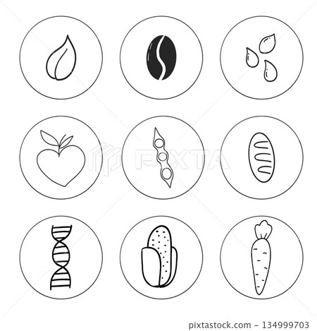 Set allergen free ingredients. Gluten free products warning symbols. Lactose, gluten, sugar, corn, egg, trans fat, soy, nut icon, dietary food badge. Minimal line organic design. Sign or stamp. Set allergen free ingredients. Gluten free products warning symbols. Lactose, gluten, sugar, corn, egg, trans fat, soy, nut icon, dietary food badge. Minimal line organic design. Sign or stamp. 134999703