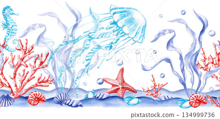 A seamless border with jellyfish, seaweed, coral, and a seahorse. Isolated watercolor illustration of sea creatures for interior design, children's parties, and poster printing. A seamless border with jellyfish, seaweed, coral, and a seahorse. Isolated watercolor illustration of sea creatures for interior design, children's parties, and poster printing. 134999736
