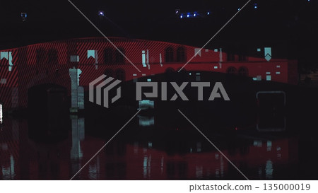 Very beautiful night laser show on the facade of the house. Beautiful laser and musical fountain show. 3D videomapping. Strasbourg, France. 135000019