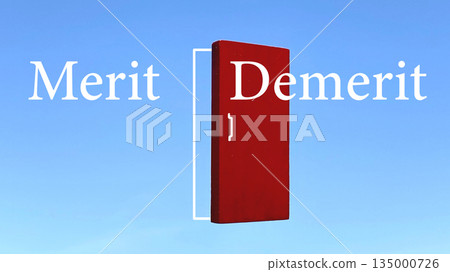 A red door opening in the sky with the words Merit and Demerit 135000726