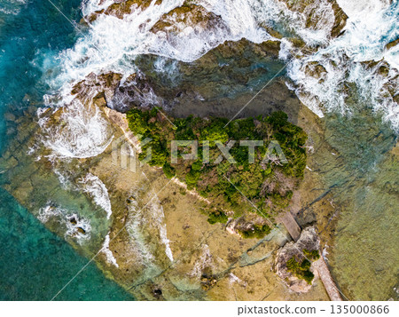 Ryugujima Island in Shimoda, Izu, and the red torii gate of Shirashima Shrine. Drone shot from Ogasaki Wing. Blue sea, white waves, and green forest. Ryugujima Island in Shimoda, Izu, and the red torii gate of Shirashima Shrine. Drone shot from Ogasaki Wing. Blue sea, white waves, and green forest. 135000866