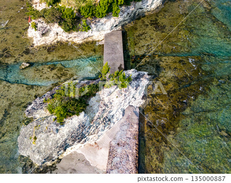 Ryugujima Island in Shimoda, Izu, and the red torii gate of Shirashima Shrine. Drone shot from Ogasaki Wing. Blue sea, white waves, and green forest. 135000887