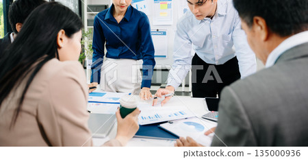 Asian business team brainstorming and discussing reports in bright modern office, showing teamwork, leadership, and creative collaboration Asian business team brainstorming and discussing reports in bright modern office, showing teamwork, leadership, and creative collaboration 135000936