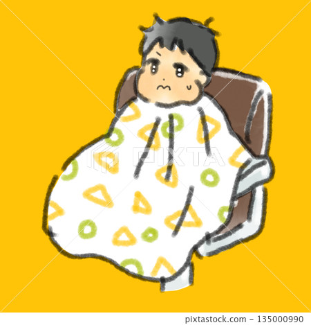 一幅水彩風格的手繪插圖，描繪了一個表情緊張的嬰兒，他裹著理髮披肩，準備進行他的第一次理髮。 135000990